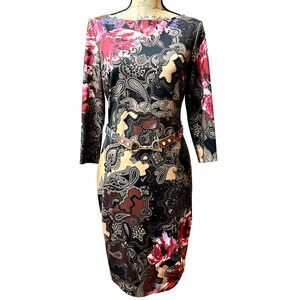 Cache Women's Sheath Dress Sz 8 Multicolor Paisley Print 3/4 Sleeve Belt Lined